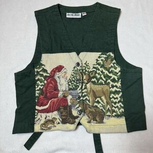 Vintage Santa And Deer Vest On The Verge Button Front Green Folk Christmas